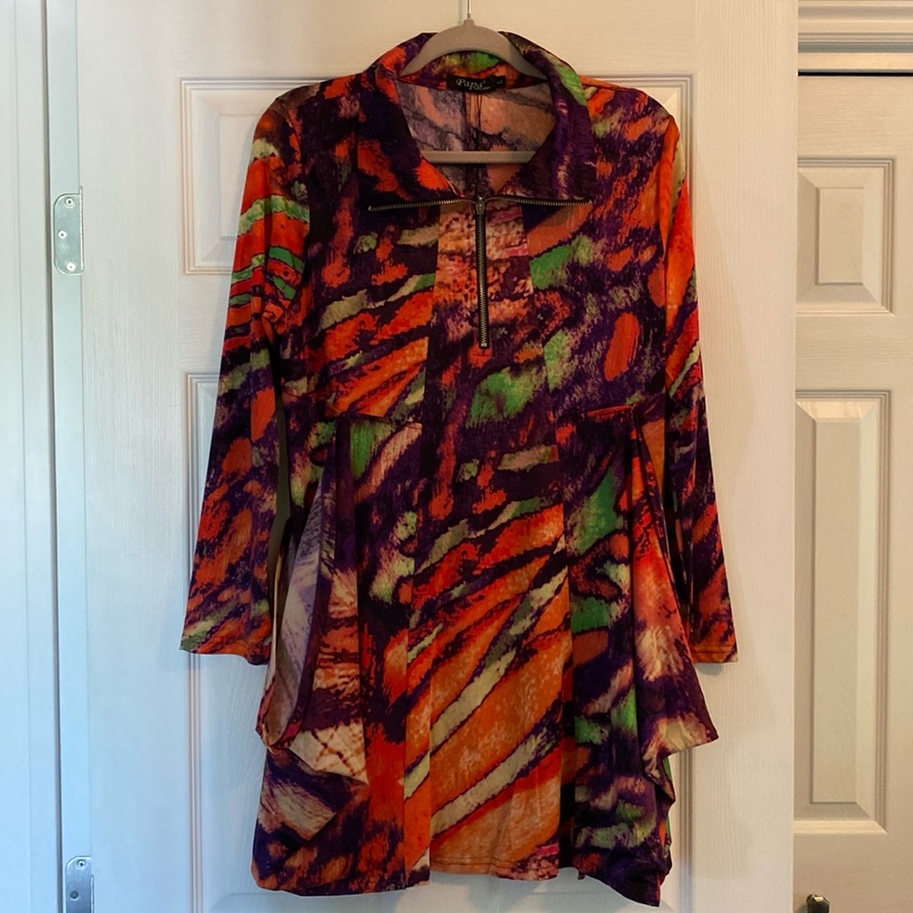 LAST CHANCE … 192. Papa 3/4 Sleeve Tunic Top Orange Lime Green Purple NWT